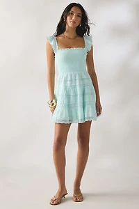 LoveShackFancy Colbera Lace Trim Smocked Mini Dress
