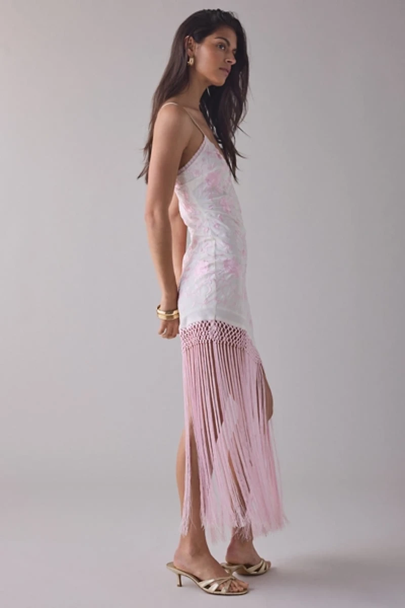 LoveShackFancy Evalette Floral Jacquard Asymmetric Fringe Maxi Dress