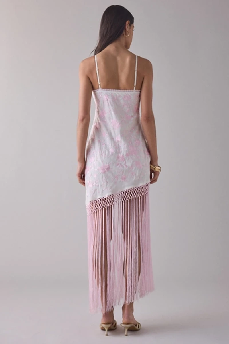 LoveShackFancy Evalette Floral Jacquard Asymmetric Fringe Maxi Dress