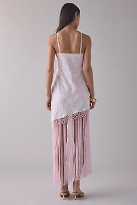 LoveShackFancy Evalette Floral Jacquard Asymmetric Fringe Maxi Dress