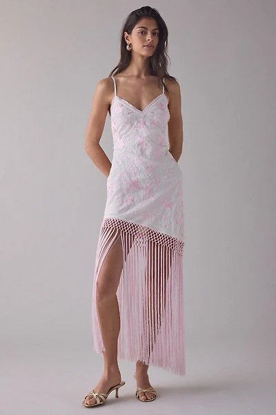 LoveShackFancy Evalette Floral Jacquard Asymmetric Fringe Maxi Dress