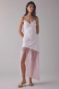 LoveShackFancy Evalette Floral Jacquard Asymmetric Fringe Maxi Dress