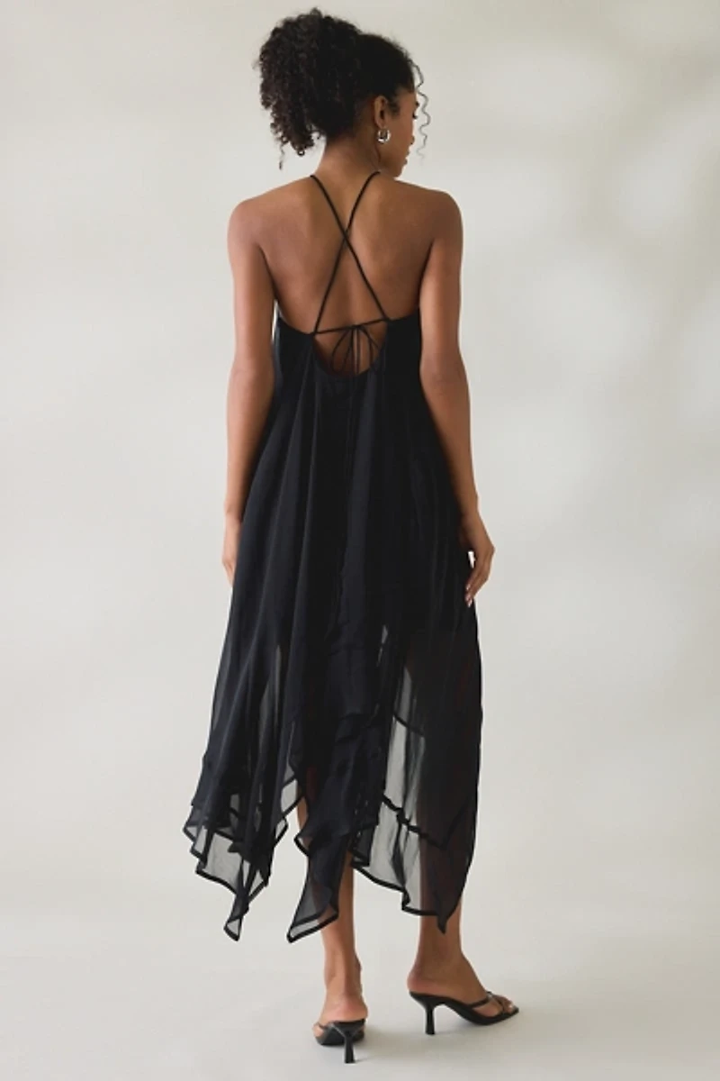 Lulus Chessie Y-Neck Halter Asymmetric Hanky Hem Midi Dress