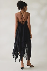 Lulus Chessie Y-Neck Halter Asymmetric Hanky Hem Midi Dress