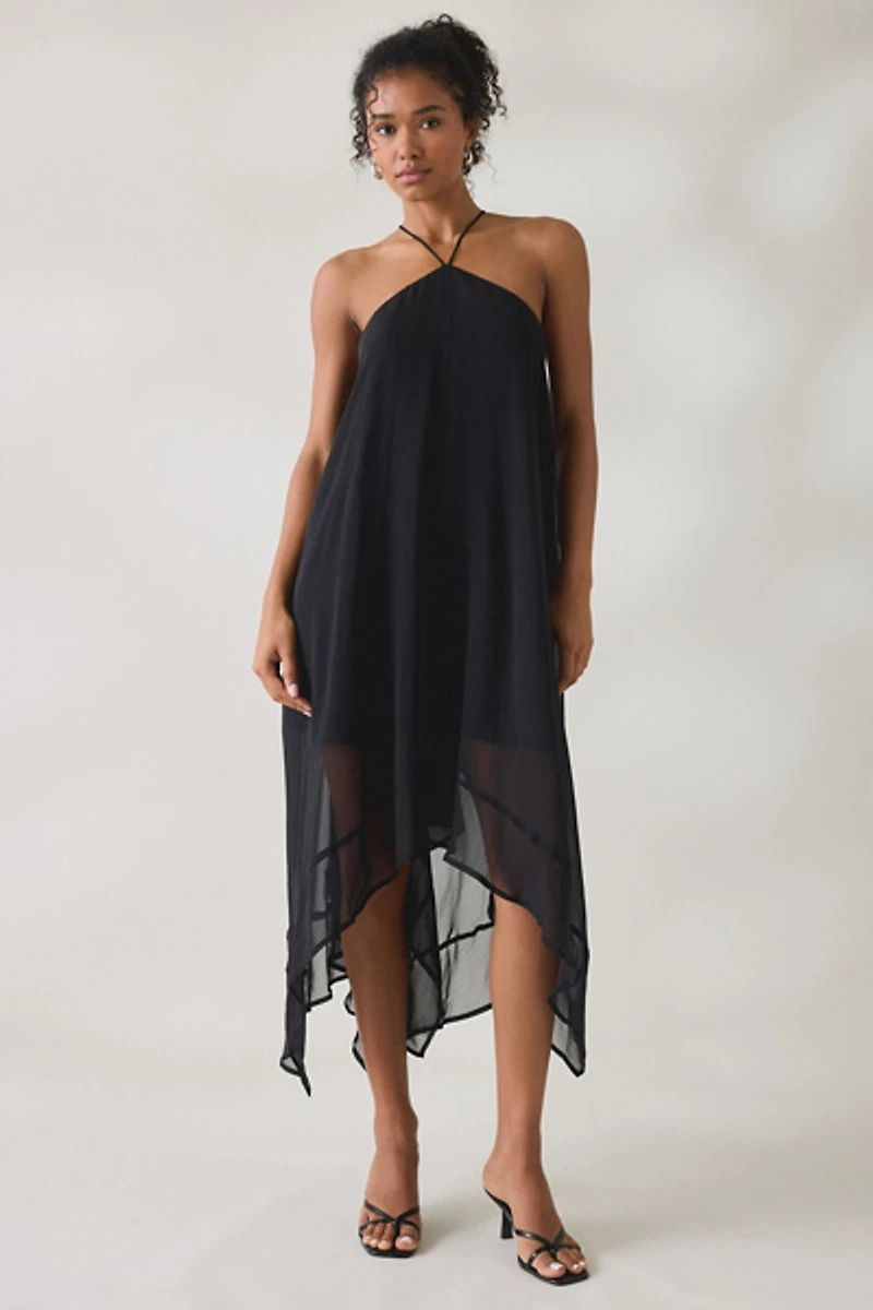 Lulus Chessie Y-Neck Halter Asymmetric Hanky Hem Midi Dress