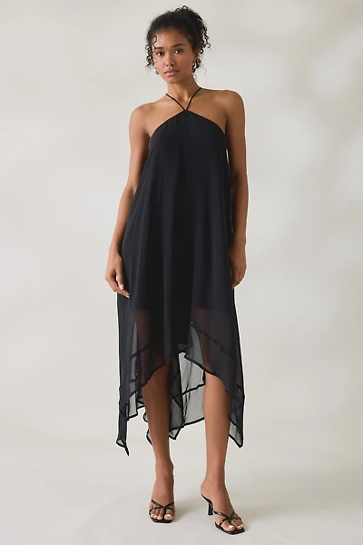 Lulus Chessie Y-Neck Halter Asymmetric Hanky Hem Midi Dress