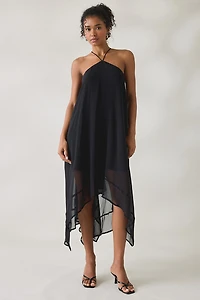 Lulus Chessie Y-Neck Halter Asymmetric Hanky Hem Midi Dress