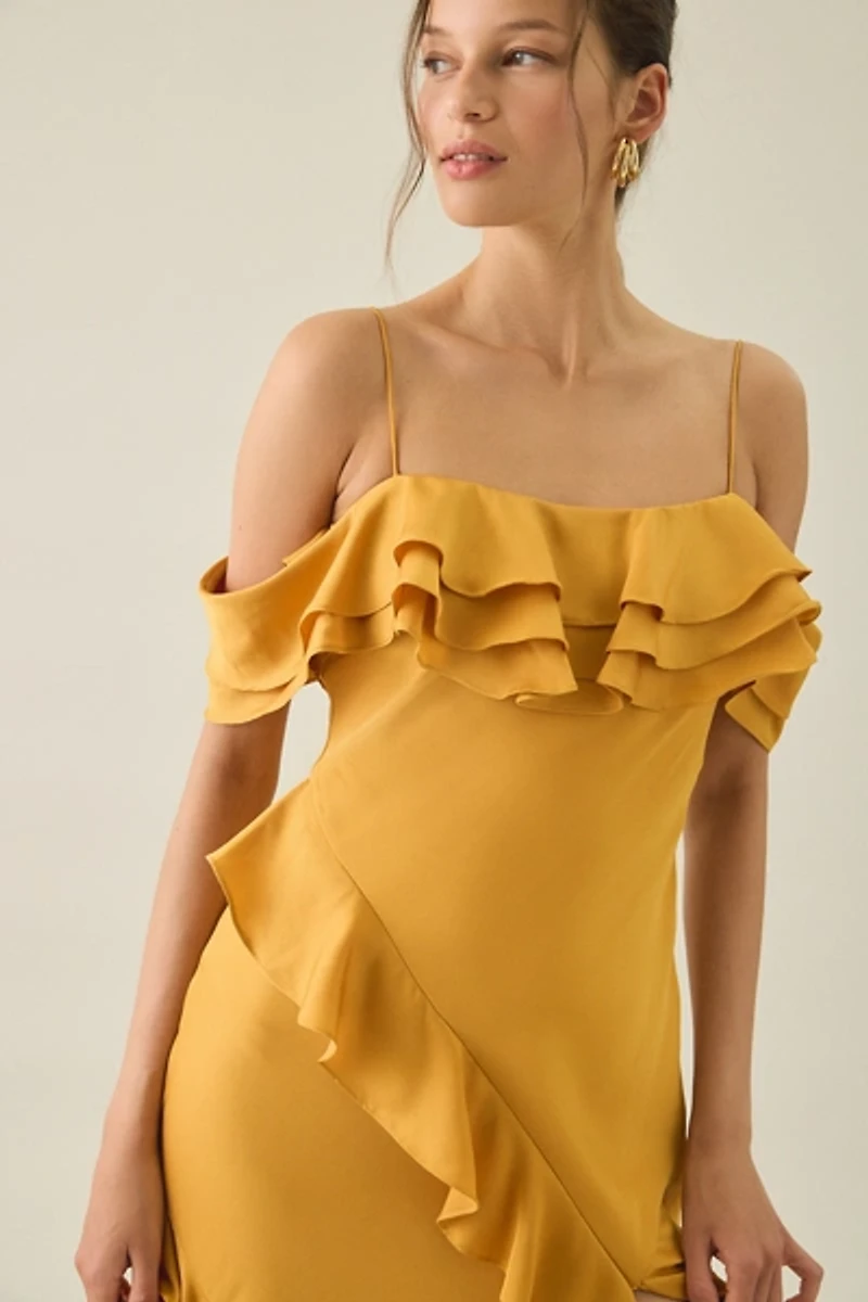 Lulus Aviva Asymmetric Cascading Ruffle Off-The-Shoulder Maxi Dress