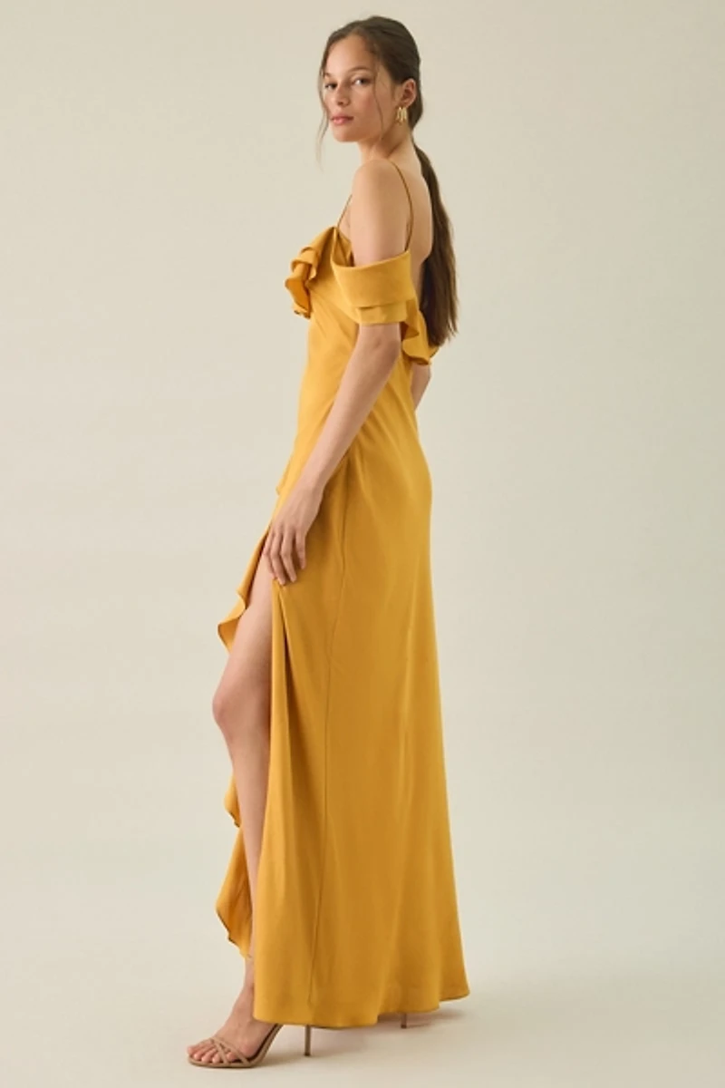 Lulus Aviva Asymmetric Cascading Ruffle Off-The-Shoulder Maxi Dress