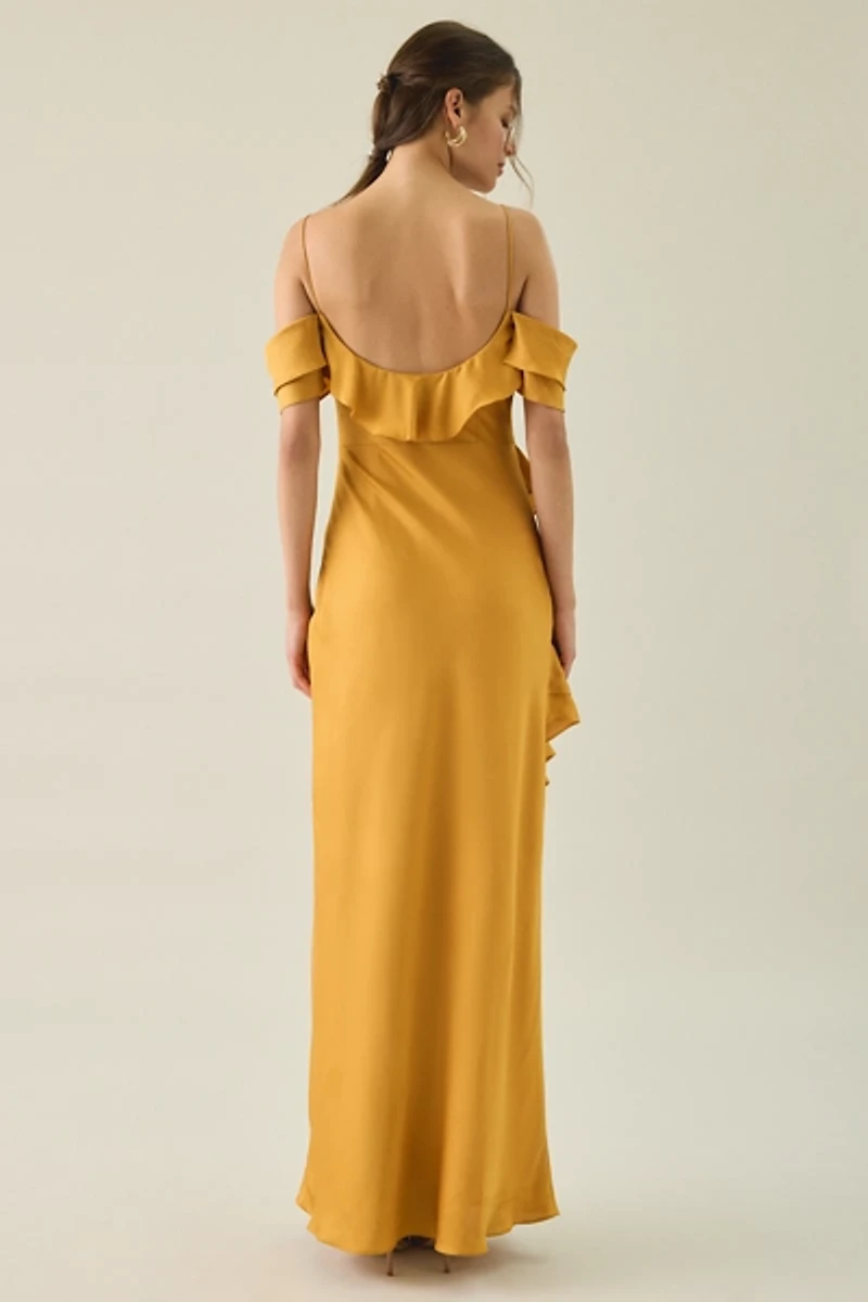 Lulus Aviva Asymmetric Cascading Ruffle Off-The-Shoulder Maxi Dress