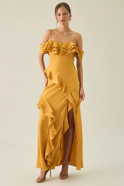 Lulus Aviva Asymmetric Cascading Ruffle Off-The-Shoulder Maxi Dress