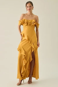 Lulus Aviva Asymmetric Cascading Ruffle Off-The-Shoulder Maxi Dress