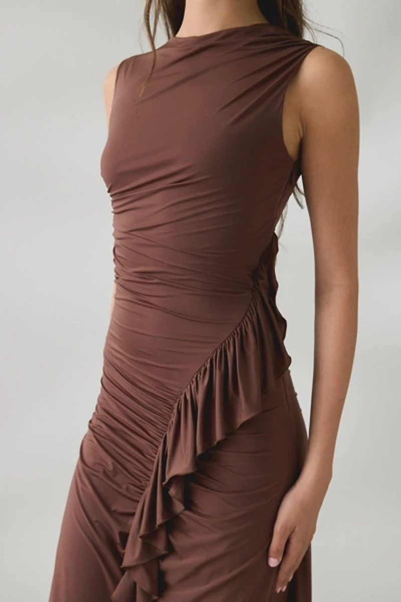 Lulus Rae Asymmetric Ruched Cascading Ruffle Maxi Dress