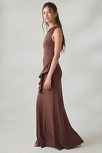 Lulus Rae Asymmetric Ruched Cascading Ruffle Maxi Dress