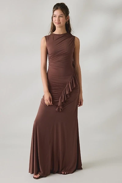 Lulus Rae Asymmetric Ruched Cascading Ruffle Maxi Dress