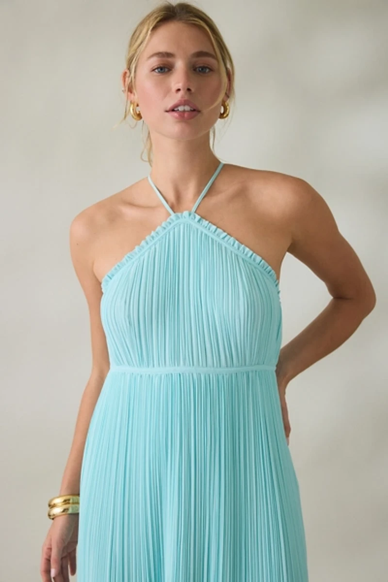 Lulus Mickie Plisse High Neck Empire Waist Maxi Dress