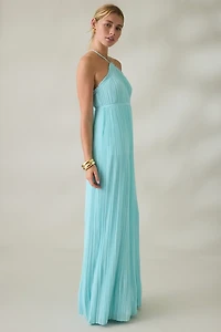 Lulus Mickie Plisse High Neck Empire Waist Maxi Dress