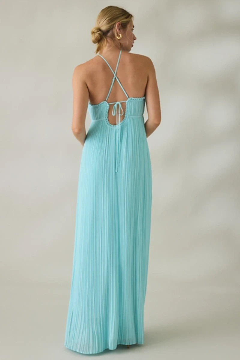 Lulus Mickie Plisse High Neck Empire Waist Maxi Dress