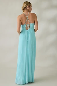 Lulus Mickie Plisse High Neck Empire Waist Maxi Dress