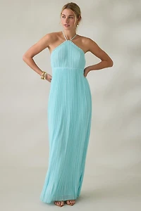 Lulus Mickie Plisse High Neck Empire Waist Maxi Dress
