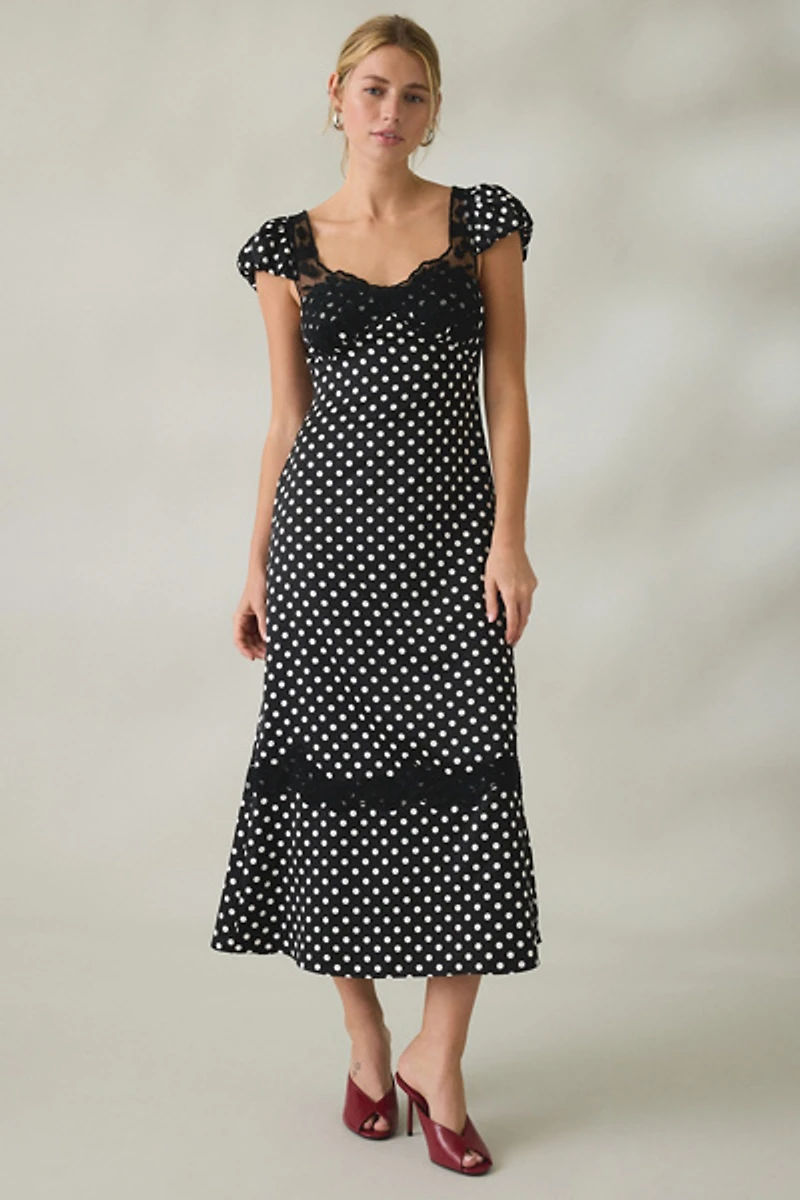 Lulus Clarke Polka Dot Lace Trim Slip Midi Dress