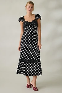 Lulus Clarke Polka Dot Lace Trim Slip Midi Dress