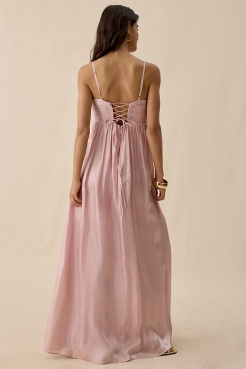 Lulus Matty Metallic Ruched Lace-Up Back Maxi Dress