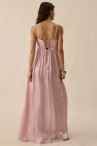 Lulus Matty Metallic Ruched Lace-Up Back Maxi Dress