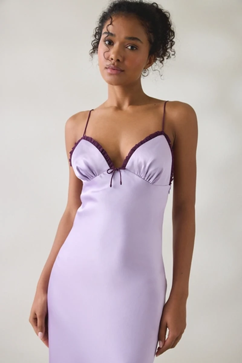 NIA Camille Contrast Trim Plunging V-Neck Satin Midi Dress