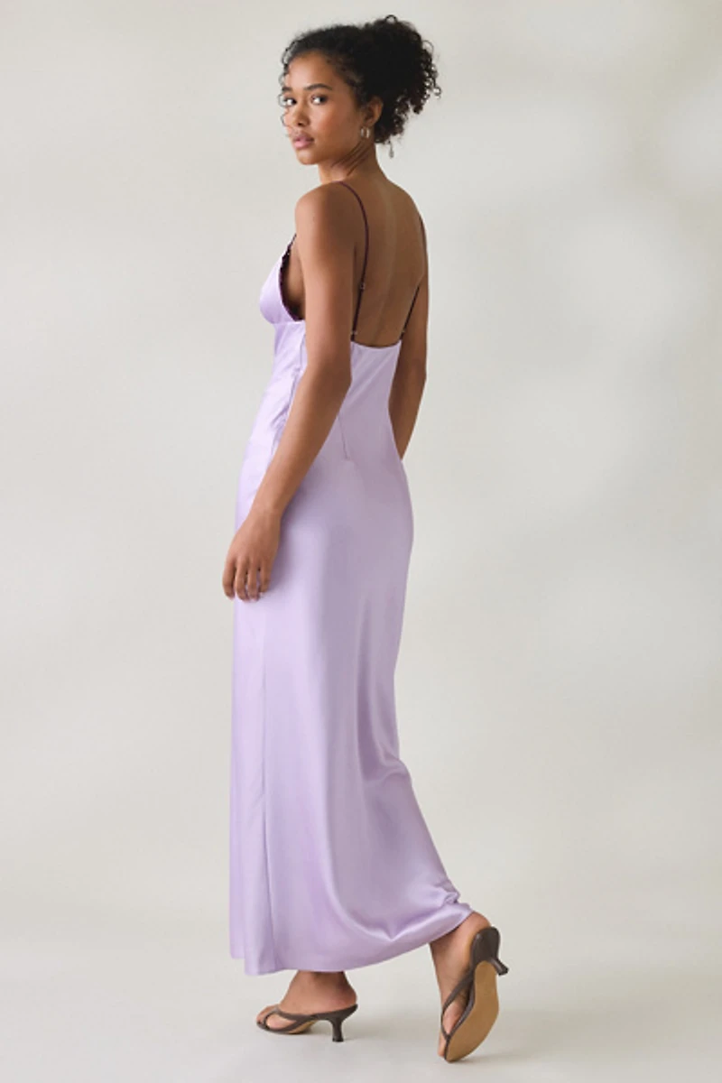 NIA Camille Contrast Trim Plunging V-Neck Satin Midi Dress
