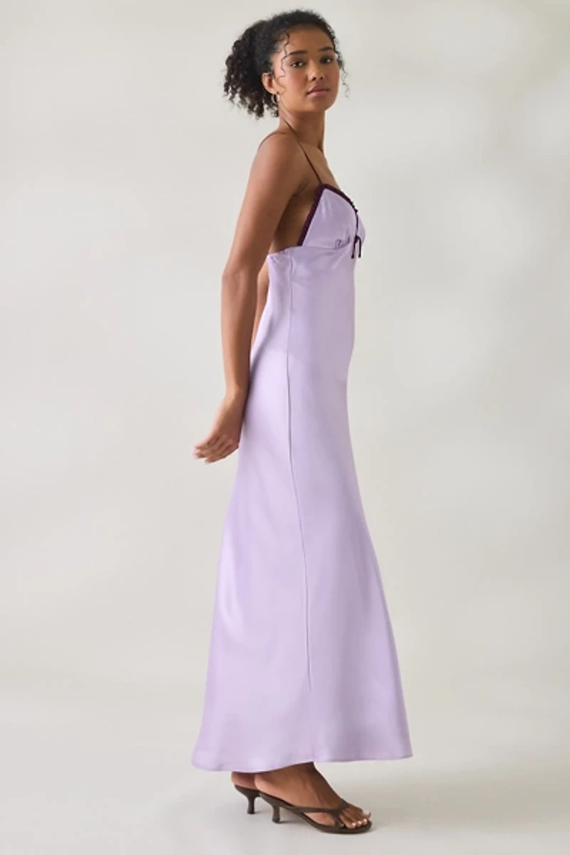 NIA Camille Contrast Trim Plunging V-Neck Satin Midi Dress