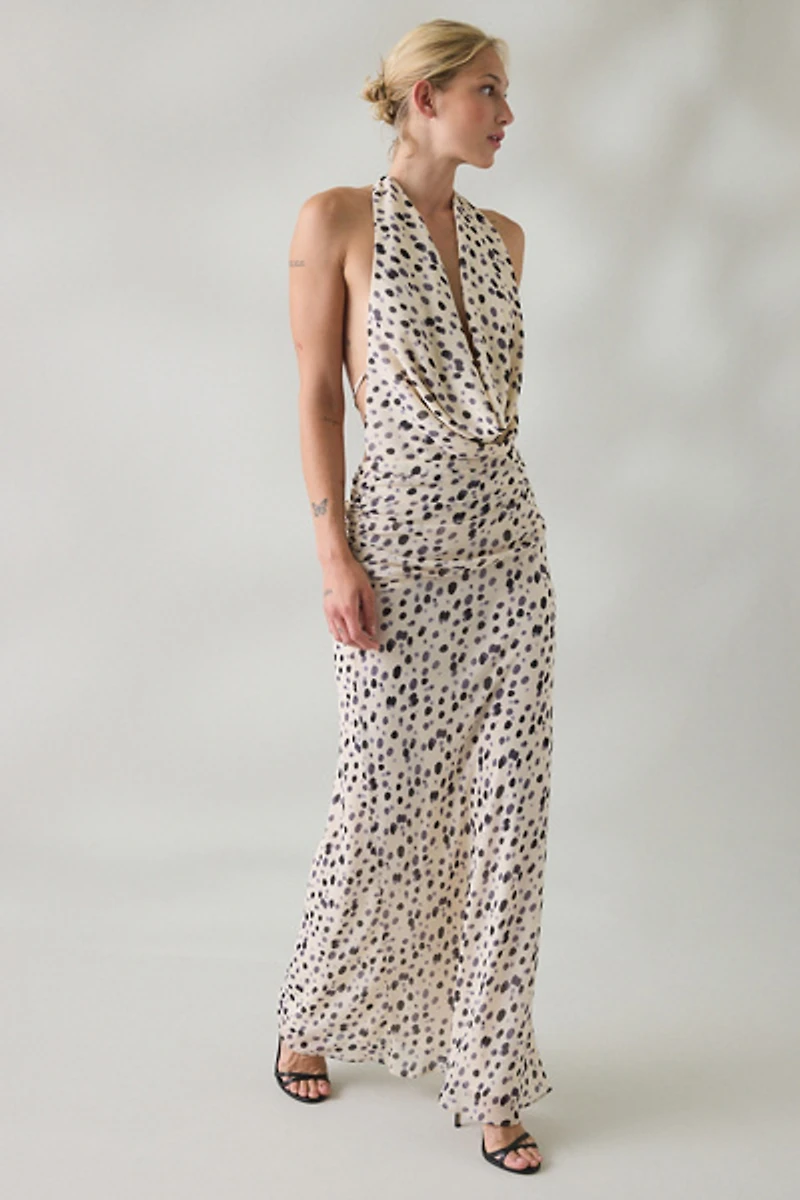 NIA Sampaio Plunging Cowl Neck Halter Maxi Dress