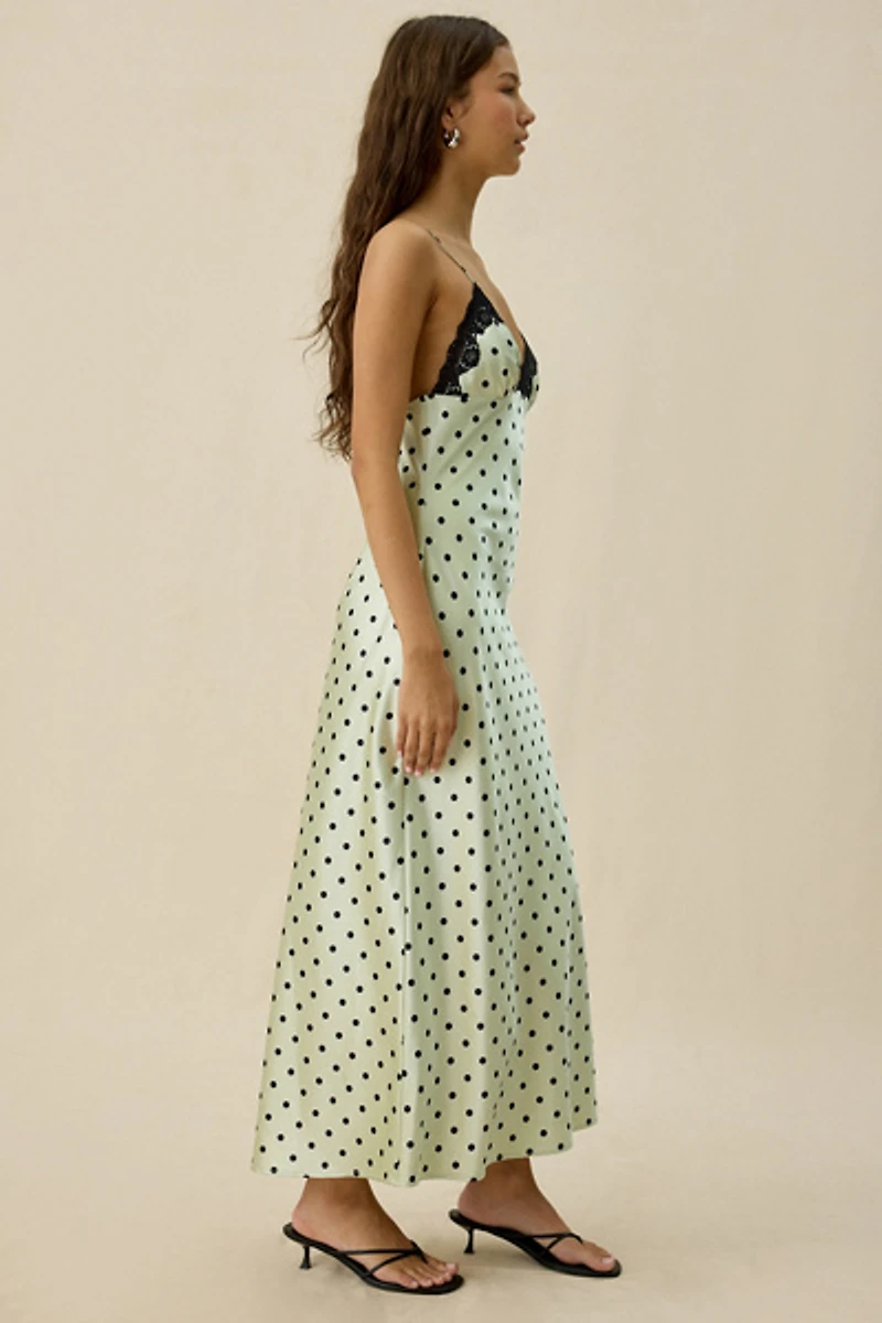 NIA Jasmine Polka Dot Satin Lace Trim Slip Maxi Dress