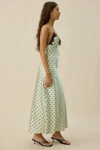NIA Jasmine Polka Dot Satin Lace Trim Slip Maxi Dress