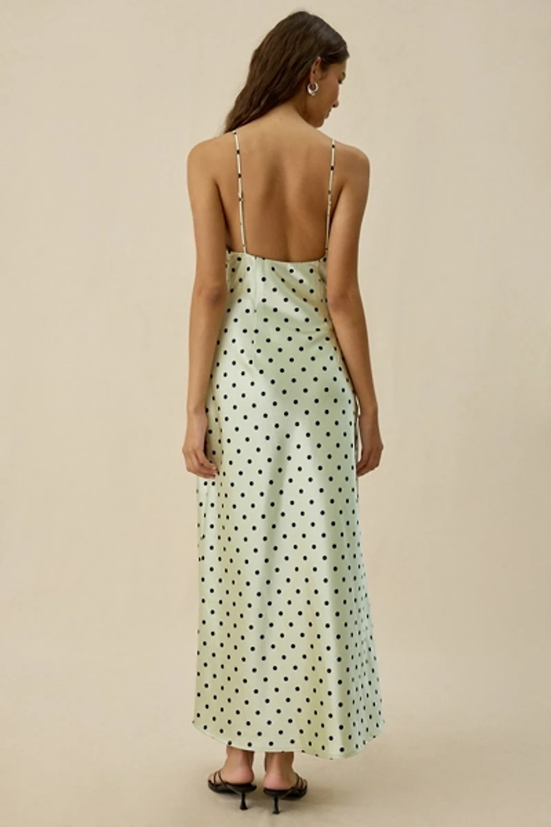 NIA Jasmine Polka Dot Satin Lace Trim Slip Maxi Dress