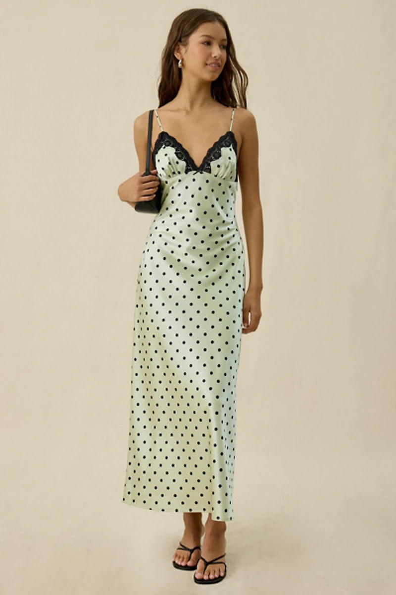 NIA Jasmine Polka Dot Satin Lace Trim Slip Maxi Dress