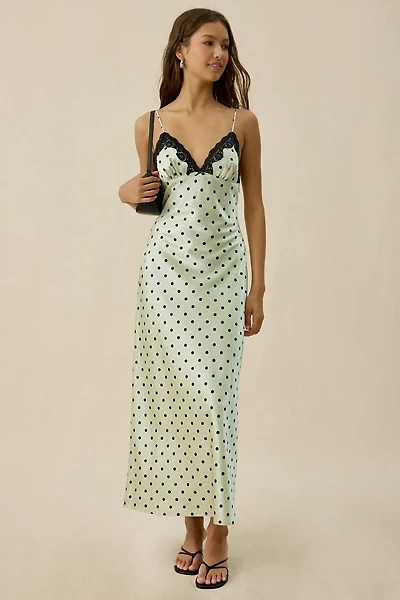 NIA Jasmine Polka Dot Satin Lace Trim Slip Maxi Dress