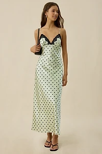 NIA Jasmine Polka Dot Satin Lace Trim Slip Maxi Dress