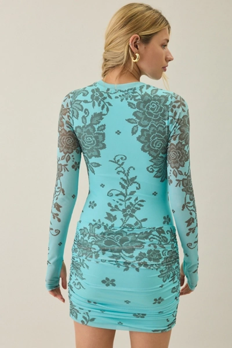 AFRM Mirza Asymmetric Ruched Long Sleeve Mesh Mini Dress