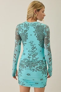 AFRM Mirza Asymmetric Ruched Long Sleeve Mesh Mini Dress