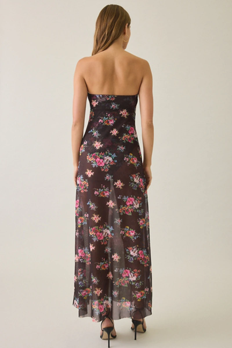 AFRM Alfie Java Snake Floral Semi-Sheer Mesh Strapless Maxi Dress