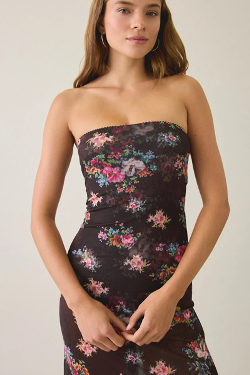 AFRM Alfie Java Snake Floral Semi-Sheer Mesh Strapless Maxi Dress