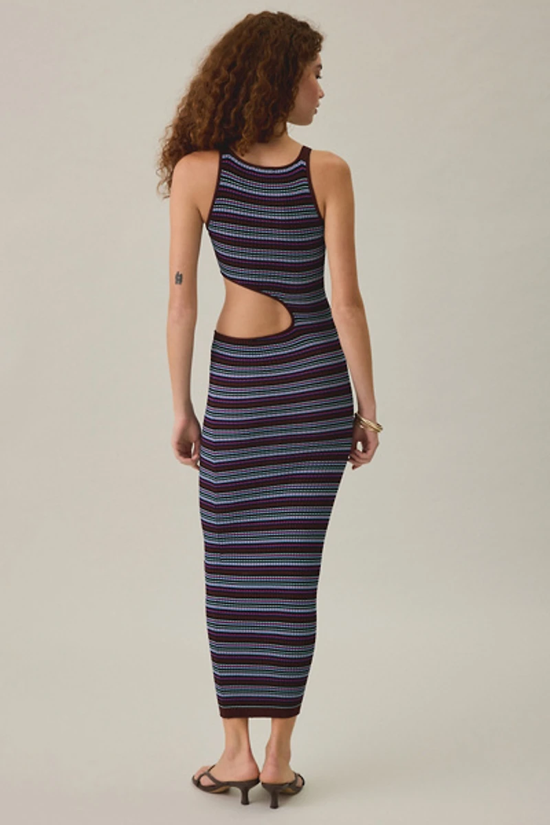 AFRM Simmons Stripe Knit Asymmetric Cutout Maxi Dress