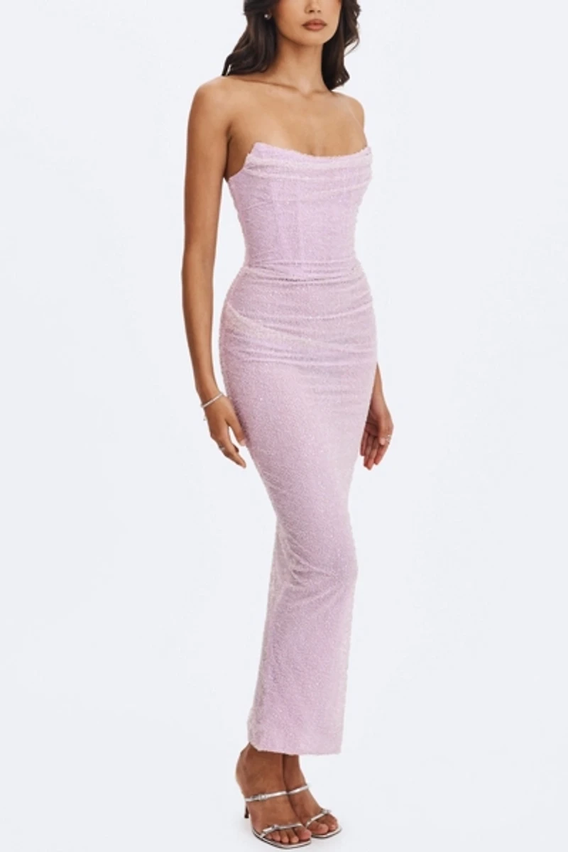 Miss Circle Raylee Beaded Mesh Strapless Maxi Dress