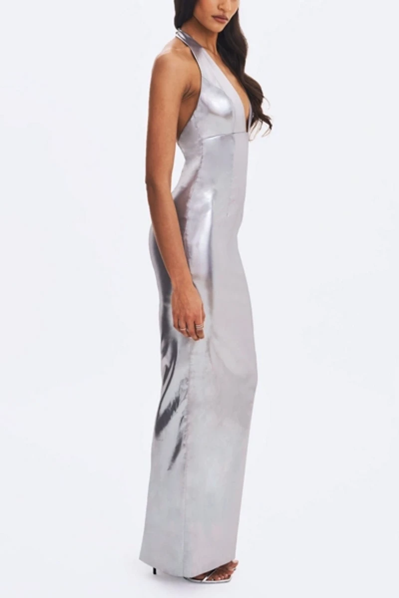 Miss Circle Valeska Foil Plunging Maxi Dress