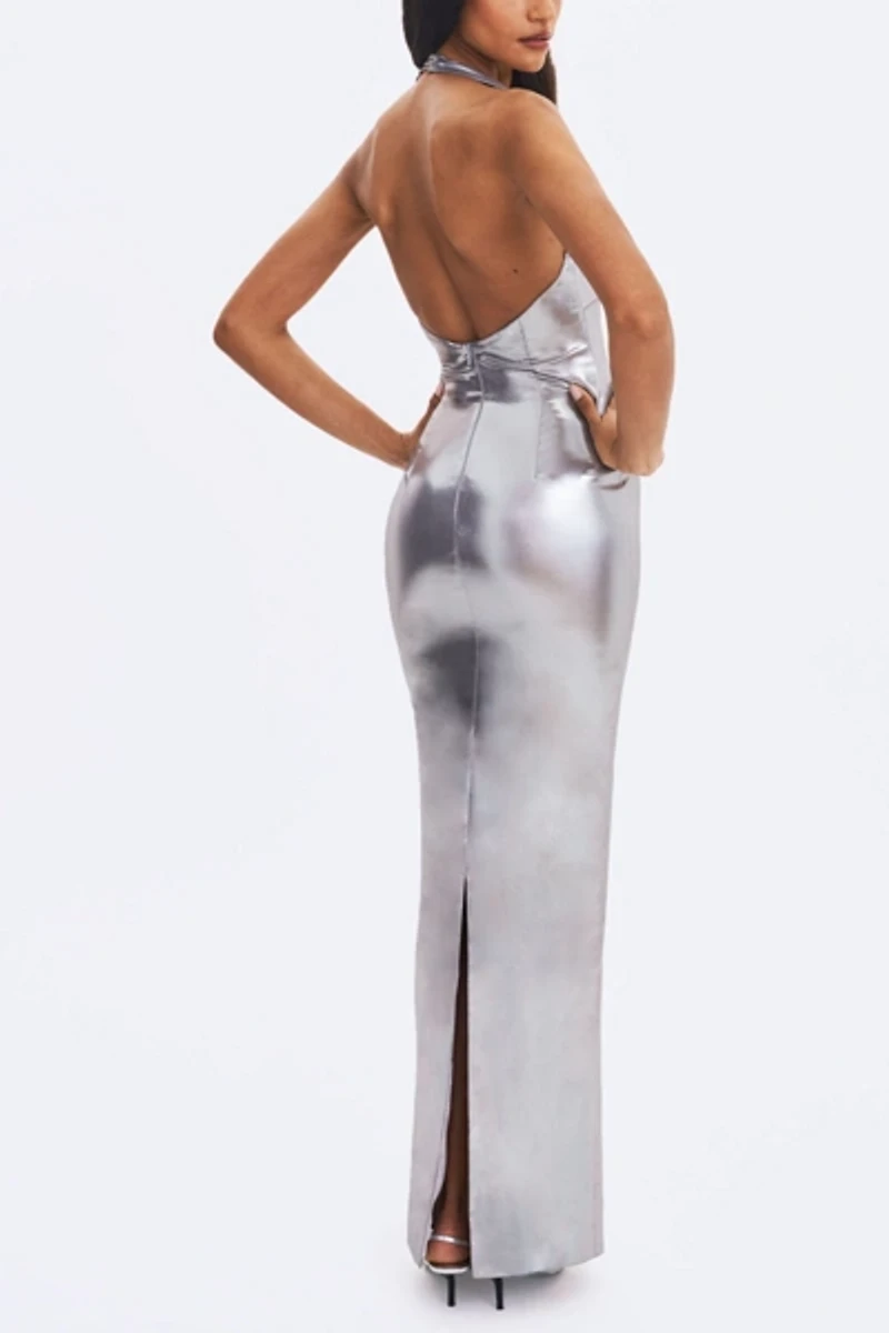 Miss Circle Valeska Foil Plunging Maxi Dress