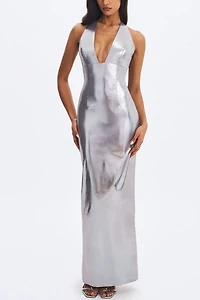 Miss Circle Valeska Foil Plunging Maxi Dress