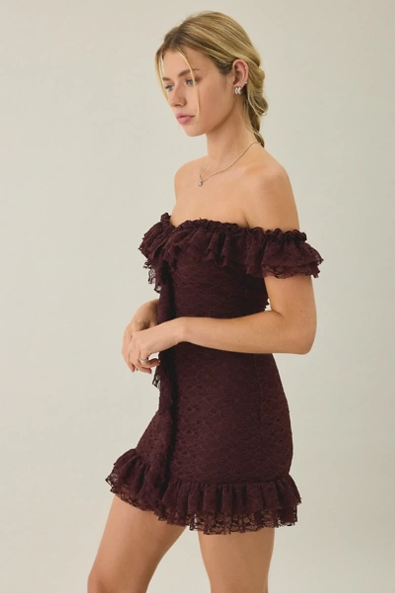 Kimchi Blue Feels Right Ruffle Lace Off-The-Shoulder Mini Dress