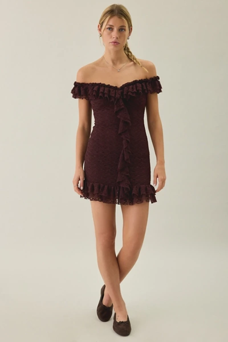 Kimchi Blue Feels Right Ruffle Lace Off-The-Shoulder Mini Dress