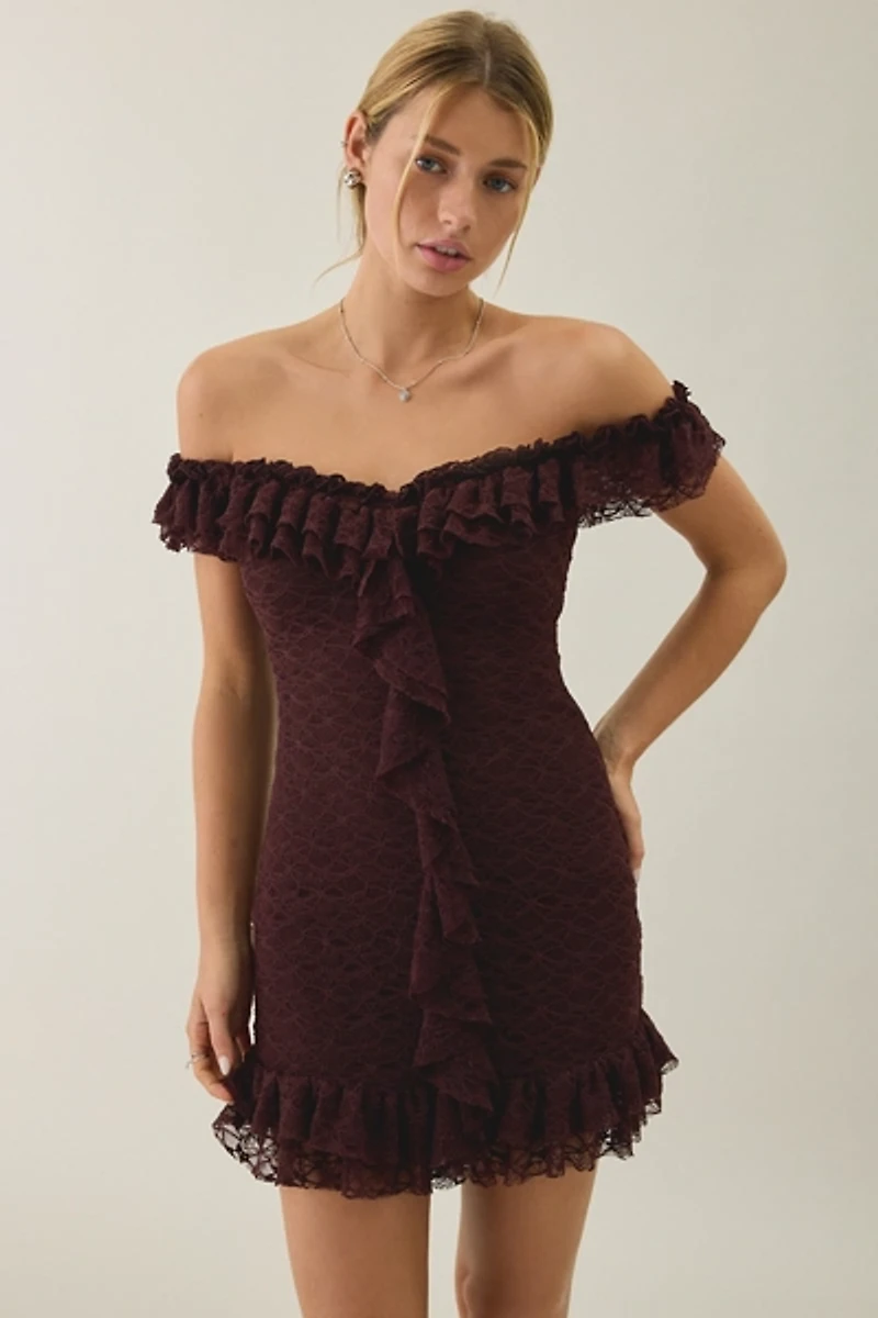 Kimchi Blue Feels Right Ruffle Lace Off-The-Shoulder Mini Dress